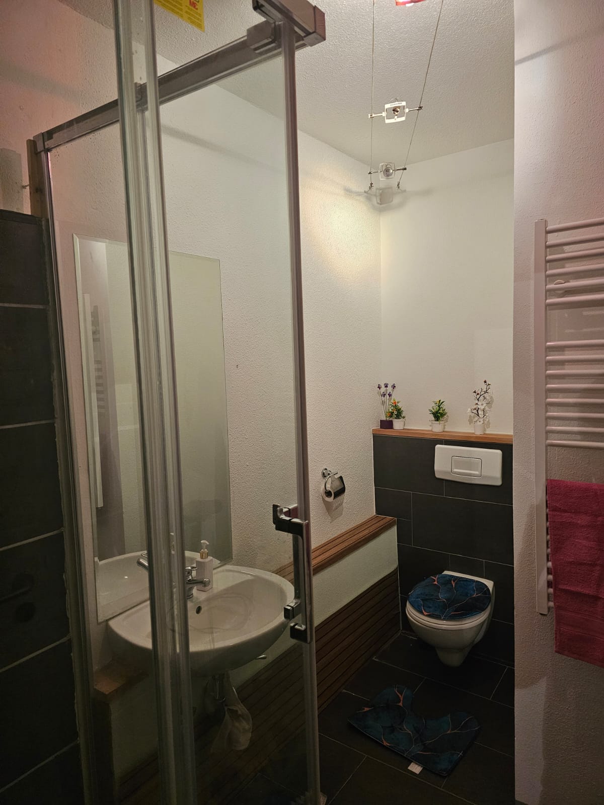 WC und Dusche mit dunklen Fliesen und Holzelementen